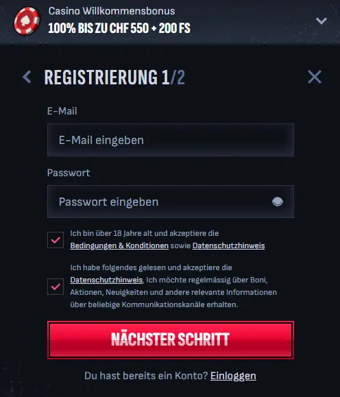 Registrierungsformular – Spielerkonto mit E-Mail-Adresse und Passwort erstellen